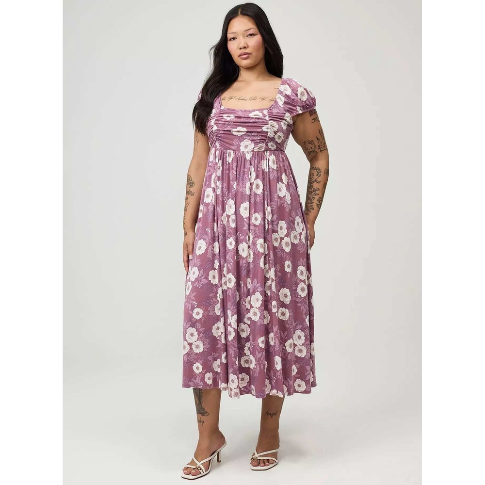 NWT Torrid 2X Plus Mauve Floral Drop Shoulder Sweetheart Tea Midi Dress Cottage
